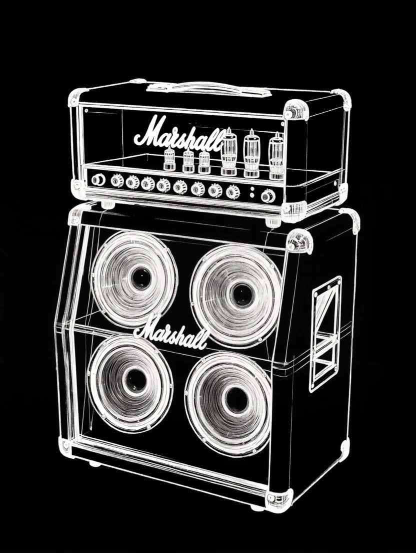 Ilustración técnica estilo blueprint en línea blanca sobre fondo negro de un stack Marshall, compuesto por un cabezal de válvulas JCM y una pantalla 4x12, representando el equipo estándar de alta gama para el alquiler de backline de Equalizing Distort.